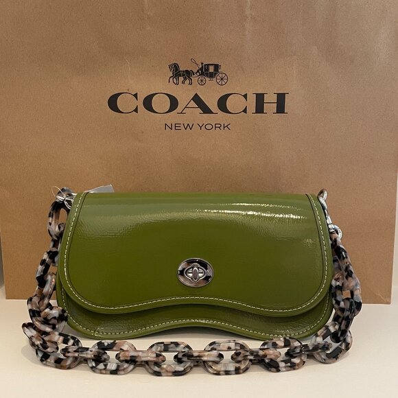 NWT Coach Wavy Dinky Bag Crinkle Patent Leather Olive Coachtopia CQ0… - Picture 1 of 14